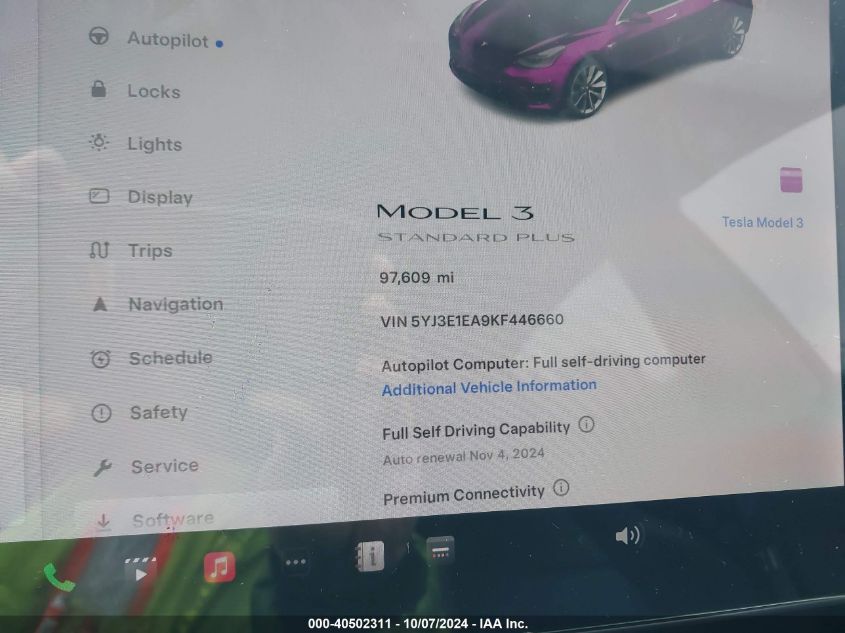 2019 Tesla Model 3 Long Range/Mid Range/Standard Range/Standard Range Plus VIN: 5YJ3E1EA9KF446660 Lot: 40502311