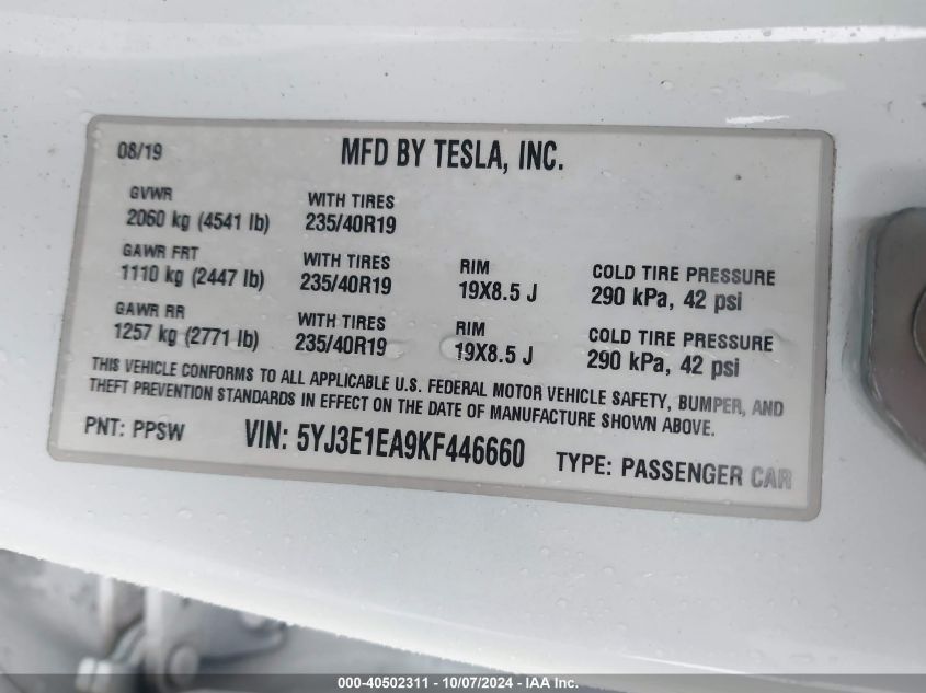 2019 TESLA MODEL 3 LONG RANGE/MID RANGE/STANDARD RANGE/STANDARD RANGE PLUS - 5YJ3E1EA9KF446660