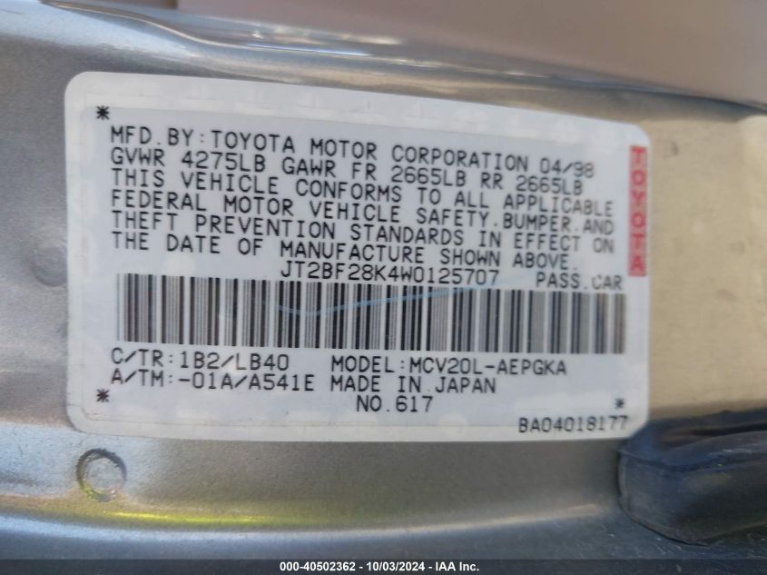 JT2BF28K4W0125707 1998 Toyota Camry Xle V6