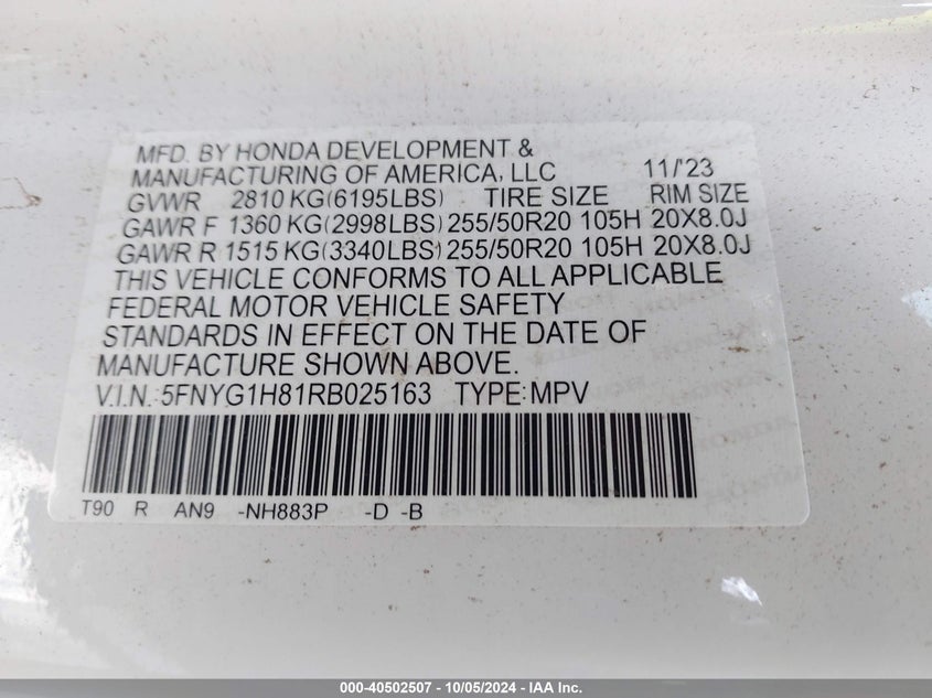 2024 HONDA PILOT VIN: 5FNYG1H81RB025163