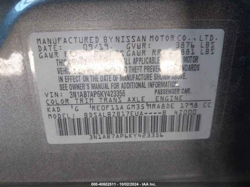 3N1AB7AP6KY423356 2019 Nissan Sentra S