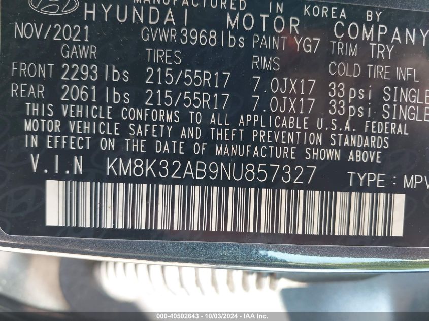 KM8K32AB9NU857327 2022 Hyundai Kona Sel