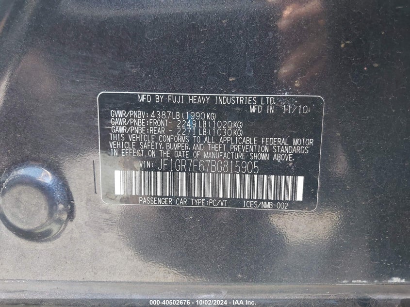 2011 SUBARU IMPREZA VIN: JF1GR7E67BG815905