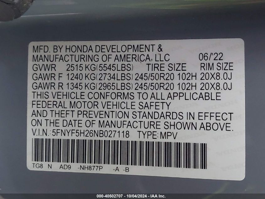 2022 Honda Pilot 2Wd Special Edition VIN: 5FNYF5H26NB027118 Lot: 40502707