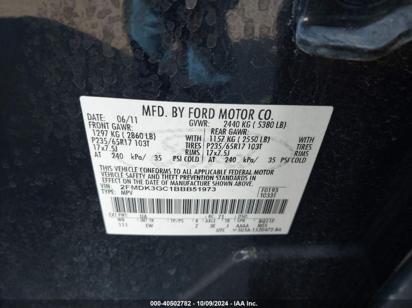 2011 Ford Edge Se VIN: 2FMDK3GC1BBB51973 Lot: 40502782