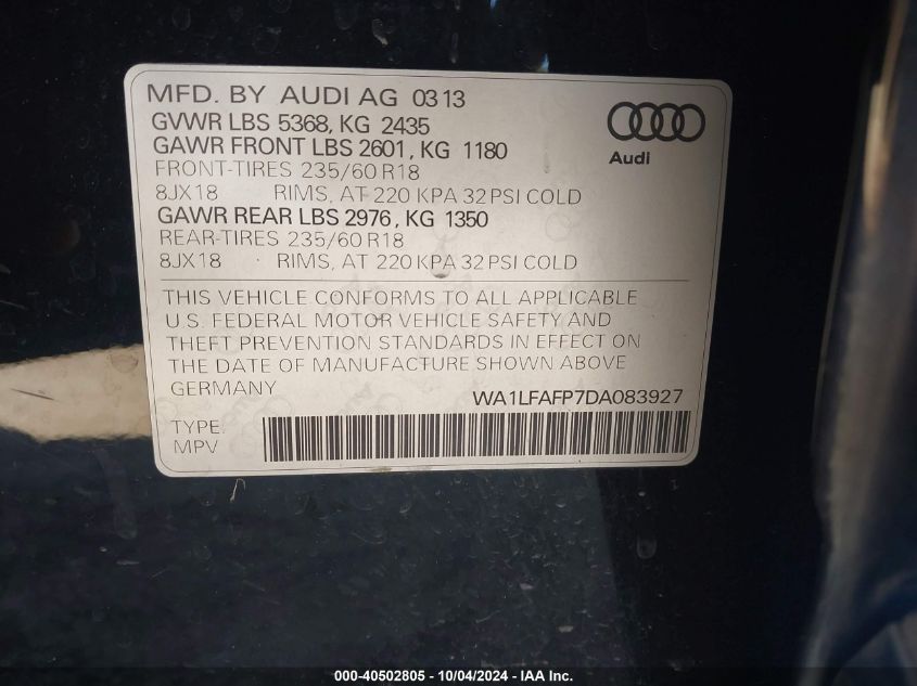 WA1LFAFP7DA083927 2013 Audi Q5 2.0T Premium