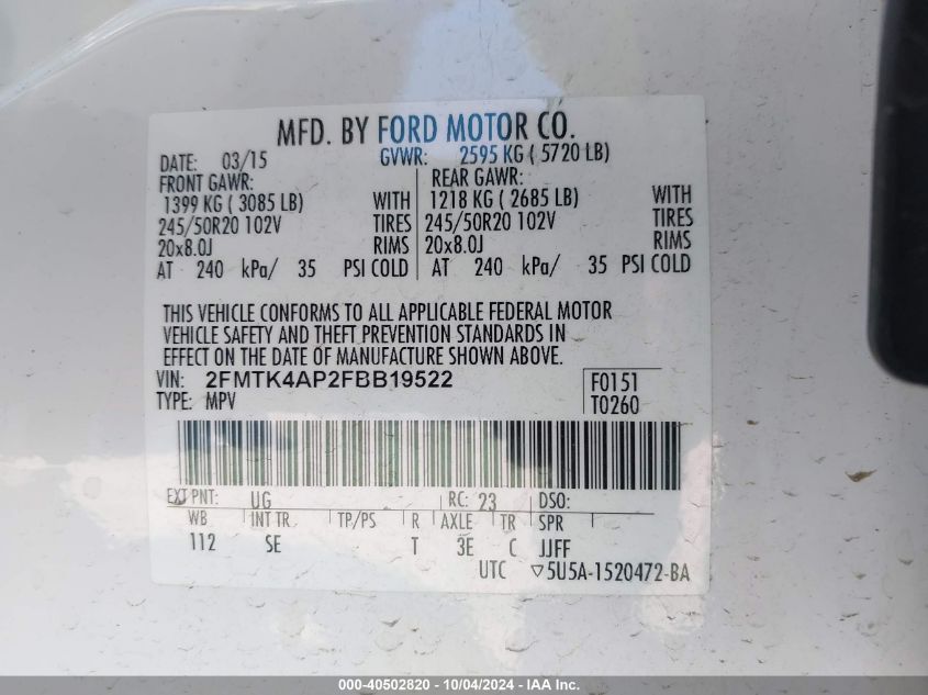 2FMTK4AP2FBB19522 2015 Ford Edge Sport