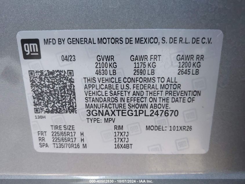 3GNAXTEG1PL247670 2023 Chevrolet Equinox Awd 2Fl