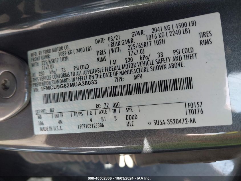 1FMCU9G62MUA38033 2021 Ford Escape Se