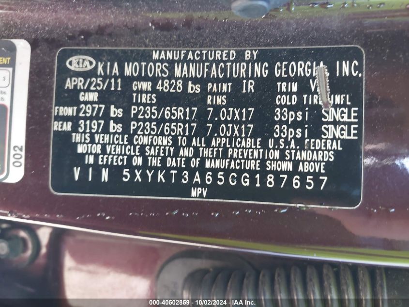 5XYKT3A65CG187657 2012 Kia Sorento Lx