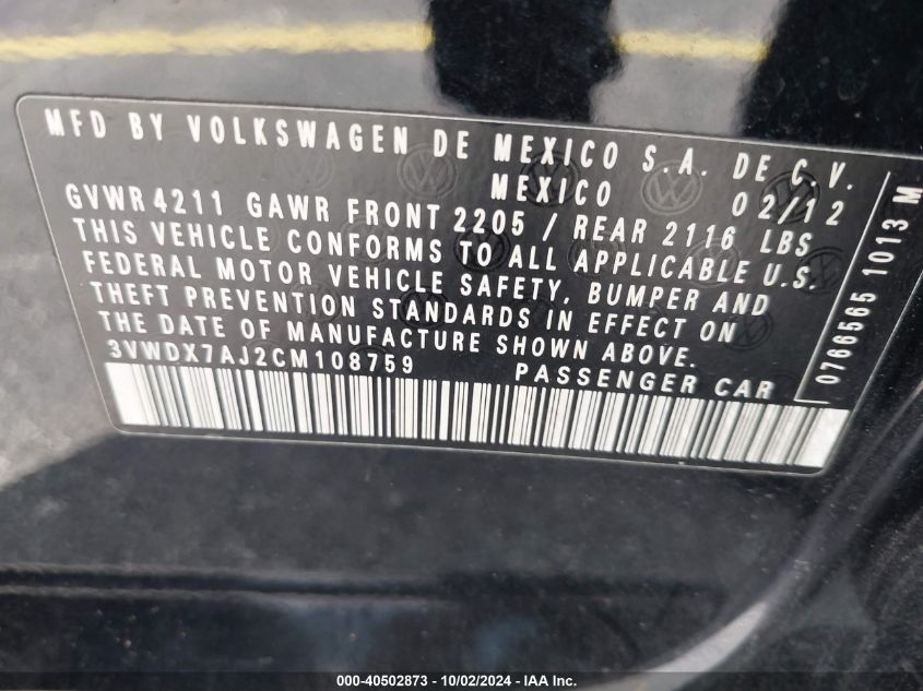 3VWDX7AJ2CM108759 2012 Volkswagen Jetta 2.5L Se