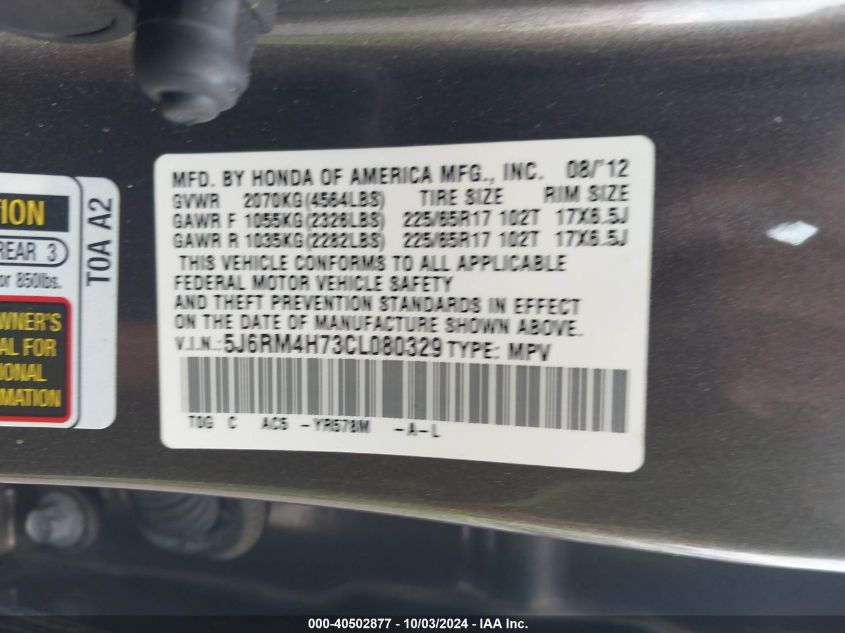 2012 Honda Cr-V Ex-L VIN: 5J6RM4H73CL080329 Lot: 40502877