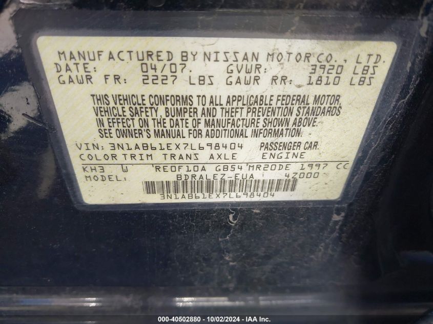 3N1AB61EX7L698404 2007 Nissan Sentra 2.0S