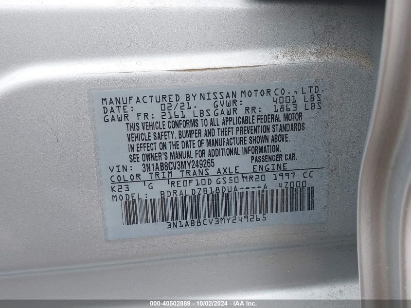 2021 Nissan Sentra Sv Xtronic Cvt VIN: 3N1AB8CV3MY249265 Lot: 40502889