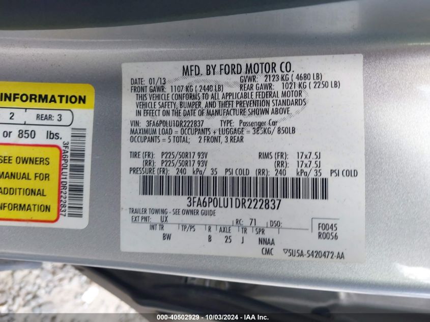 3FA6P0LU1DR222837 2013 Ford Fusion Hybrid Se