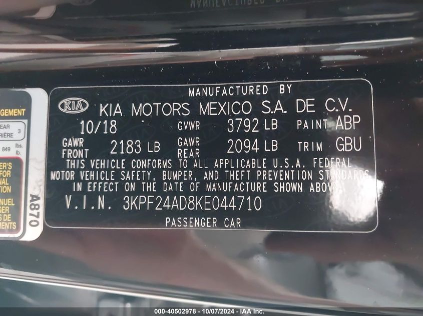 3KPF24AD8KE044710 2019 Kia Forte Lxs