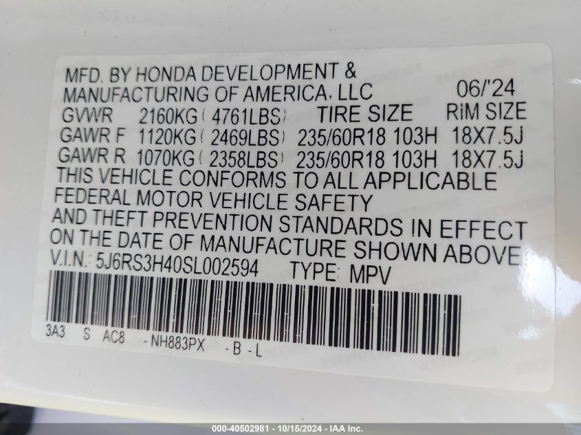 VIN 5J6RS3H40SL002594 2025 Honda CR-V, Ex 2Wd no.9