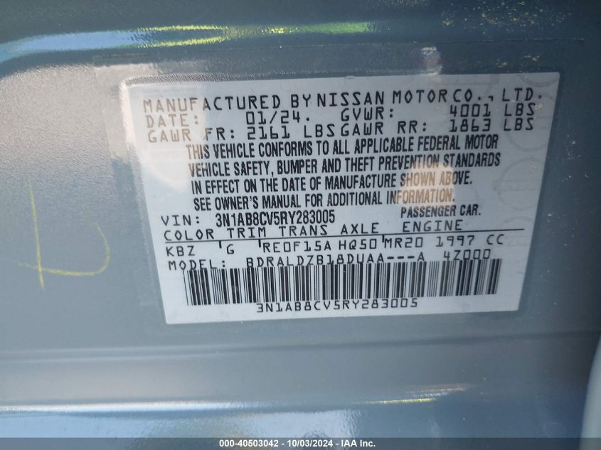 3N1AB8CV5RY283005 2024 Nissan Sentra Sv Xtronic Cvt