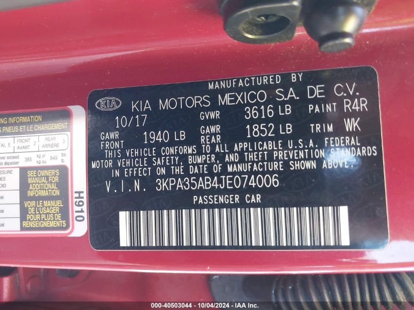 3KPA35AB4JE074006 2018 Kia Rio Ex