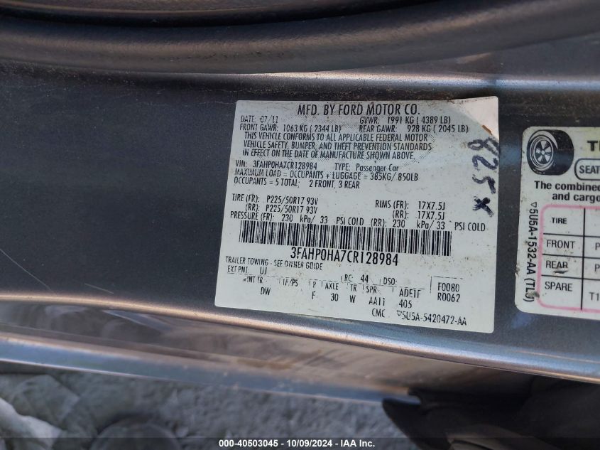 3FAHP0HA7CR128984 2012 Ford Fusion Se