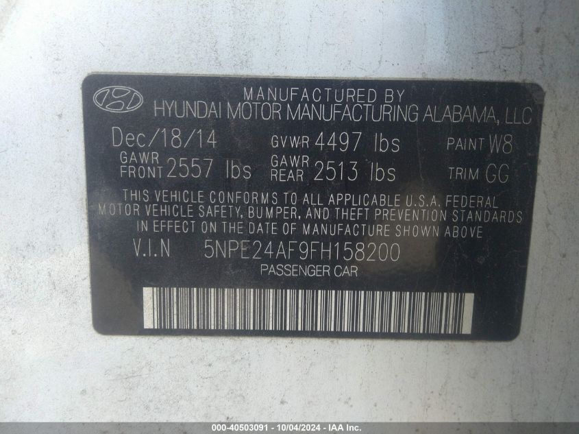 5NPE24AF9FH158200 2015 Hyundai Sonata Se