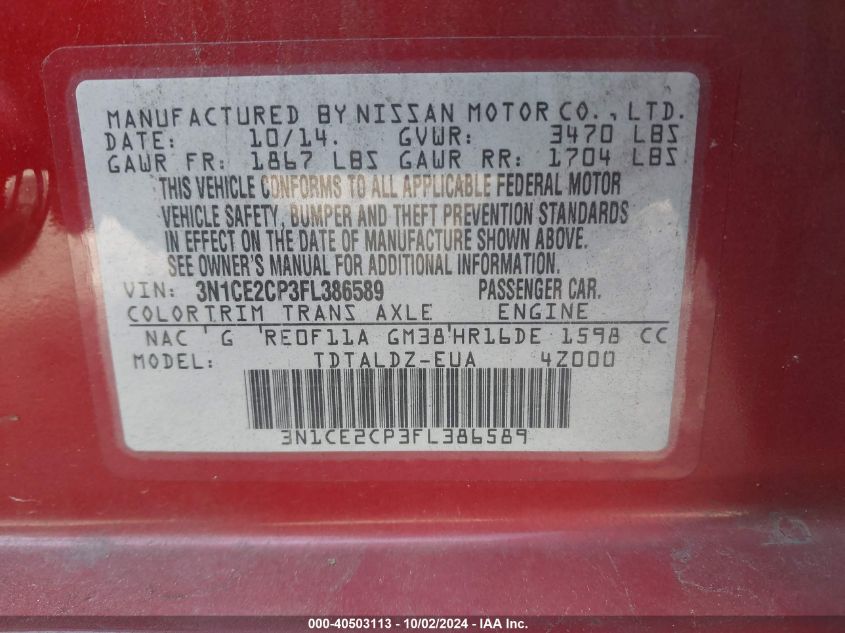 3N1CE2CP3FL386589 2015 Nissan Versa Note Sv