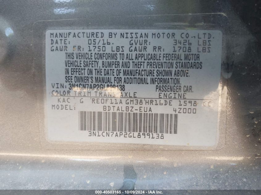 3N1CN7AP2GL899138 2016 Nissan Versa S/S Plus/Sv/Sl