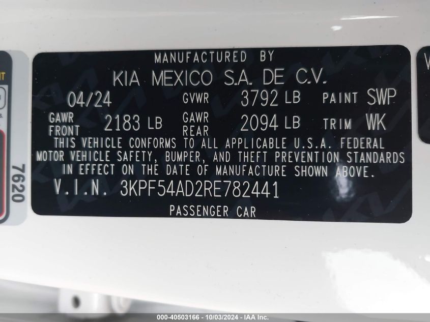 2024 Kia Forte Gt-Line VIN: 3KPF54AD2RE782441 Lot: 40503166