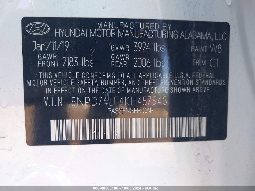 5NPD74LF4KH457548 2019 Hyundai Elantra Se