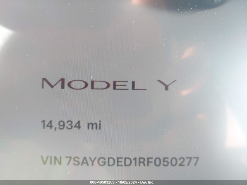 2024 Tesla Model Y Long Range Dual Motor All-Wheel Drive VIN: 7SAYGDED1RF050277 Lot: 40503289