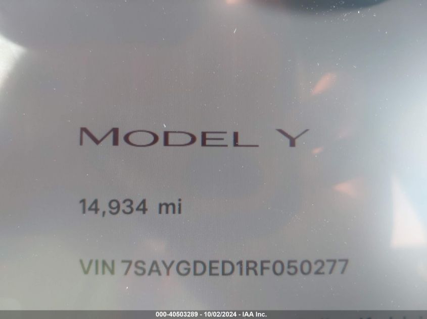 2024 Tesla Model Y Long Range Dual Motor All-Wheel Drive VIN: 7SAYGDED1RF050277 Lot: 40503289