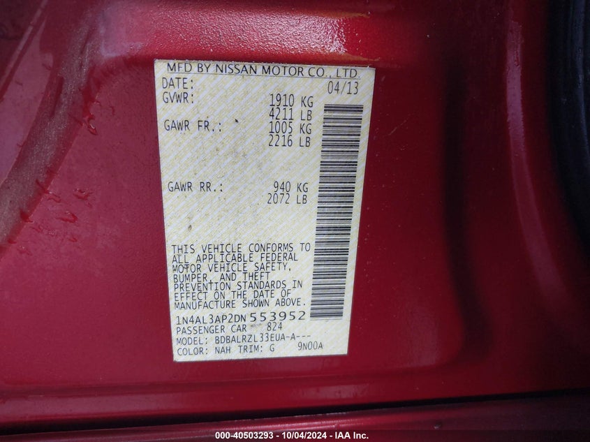 1N4AL3AP2DN553952 2013 Nissan Altima 2.5 S