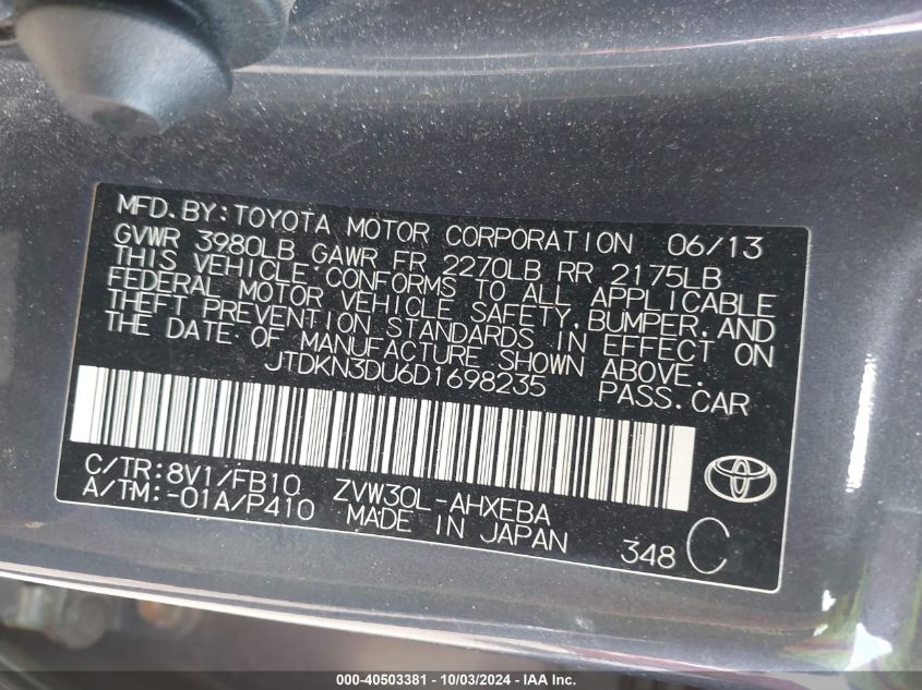 2013 Toyota Prius Two VIN: JTDKN3DU6D1698235 Lot: 40503381