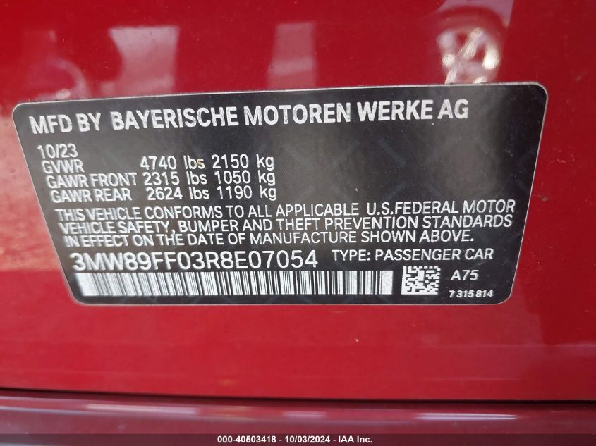 2024 BMW 3 Series 330I xDrive VIN: 3MW89FF03R8E07054 Lot: 40503418