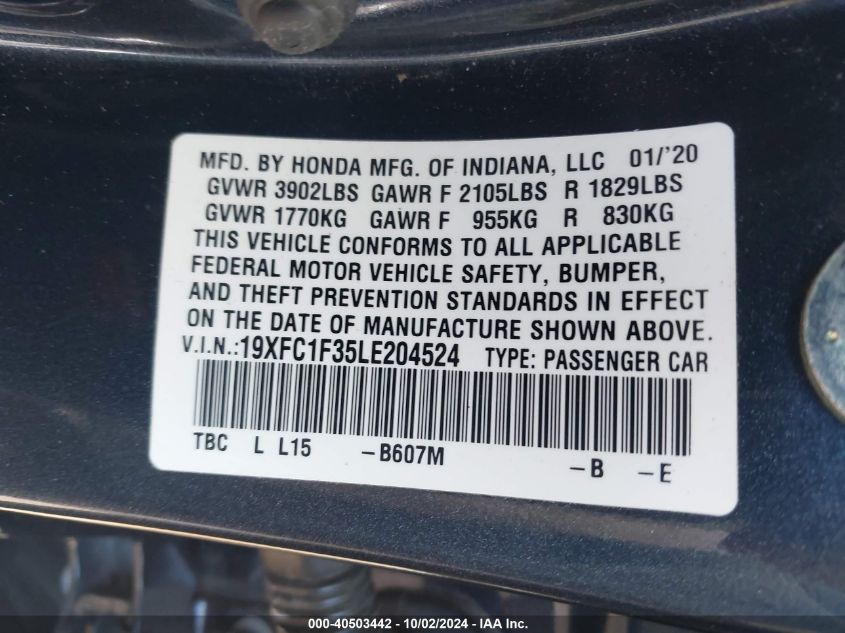 19XFC1F35LE204524 2020 Honda Civic Ex