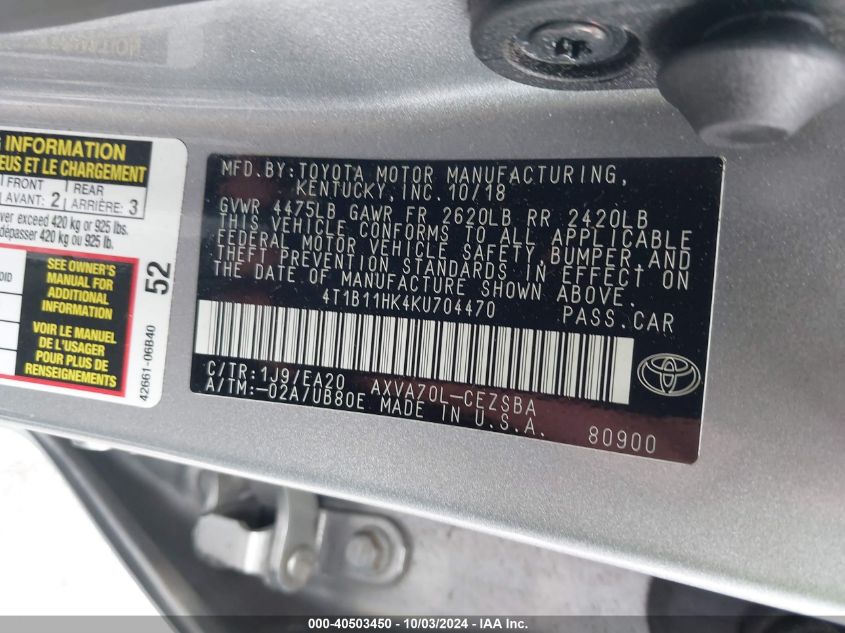 4T1B11HK4KU704470 2019 Toyota Camry Se