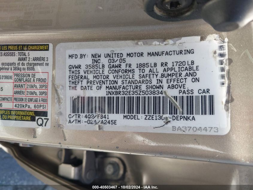 2005 Toyota Corolla Le VIN: 1NXBR32E35Z503834 Lot: 40503467