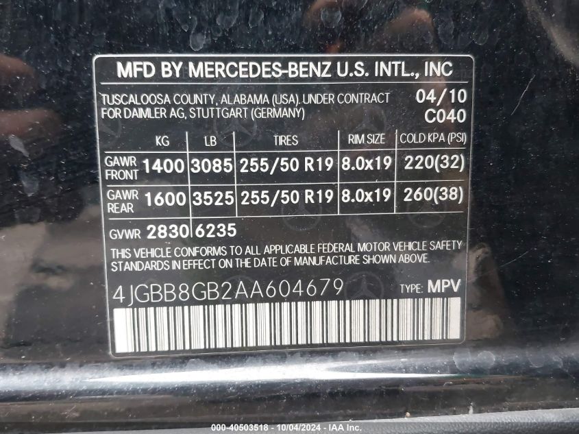 4JGBB8GB2AA604679 2010 Mercedes-Benz Ml 350 4Matic