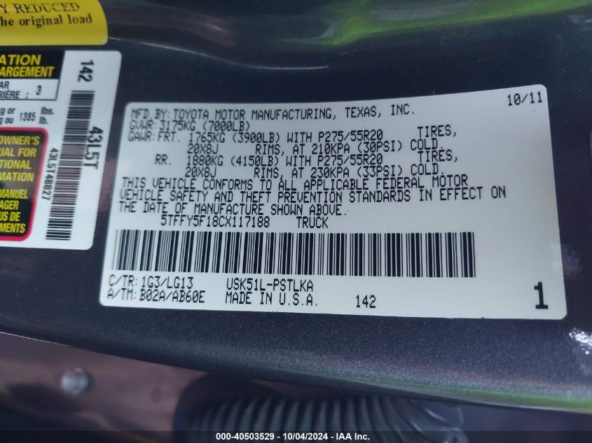 5TFFY5F18CX117188 2012 Toyota Tundra Limited 5.7L V8