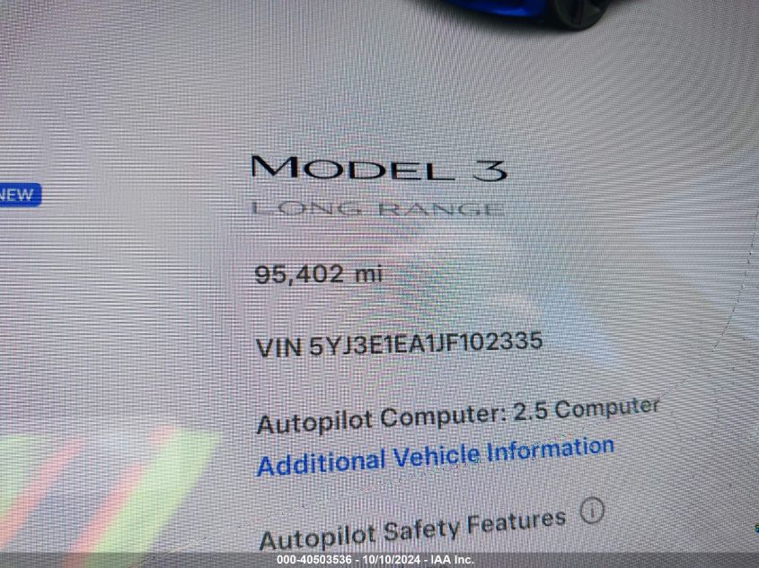 2018 TESLA MODEL 3 LONG RANGE/MID RANGE - 5YJ3E1EA1JF102335