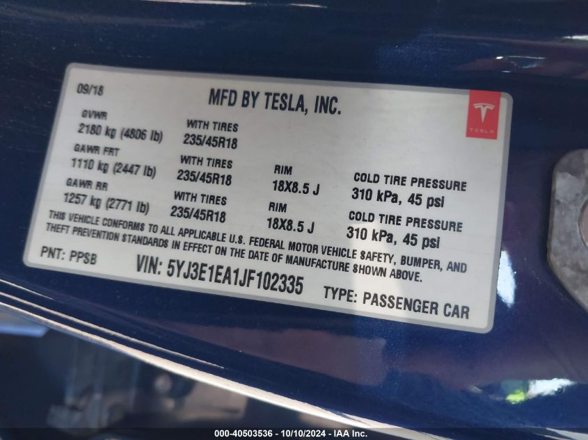 2018 TESLA MODEL 3 LONG RANGE/MID RANGE - 5YJ3E1EA1JF102335