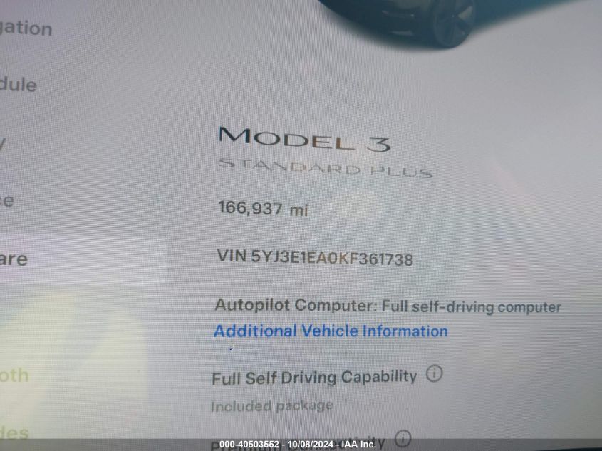 2019 Tesla Model 3 VIN: 5YJ3E1EA0KF361738 Lot: 40503552