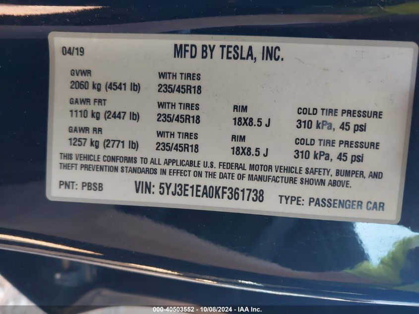 2019 Tesla Model 3 VIN: 5YJ3E1EA0KF361738 Lot: 40503552