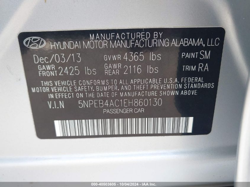 5NPEB4AC1EH860130 2014 Hyundai Sonata Gls