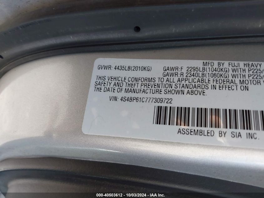 4S4BP61C777309722 2007 Subaru Outback 2.5I