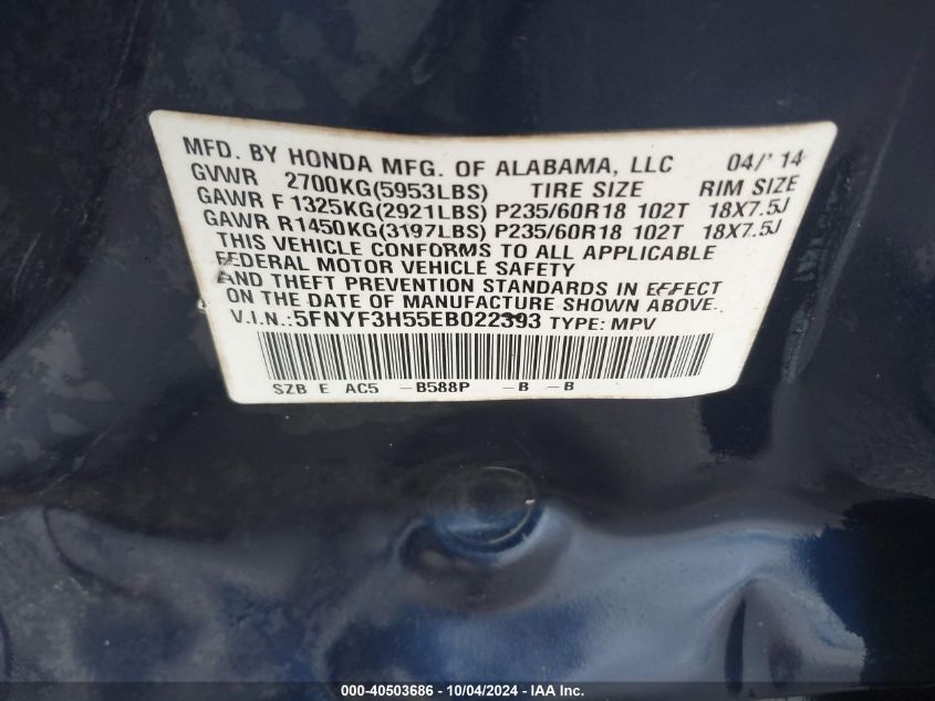 5FNYF3H55EB022393 2014 Honda Pilot Ex-L