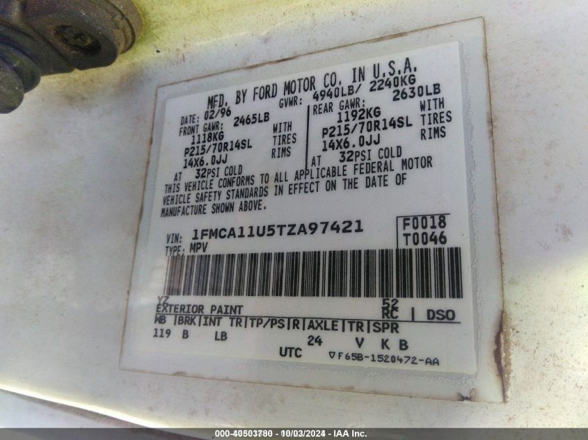 1FMCA11U5TZA97421 1996 Ford Aerostar