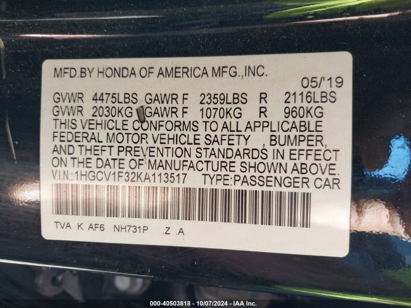 1HGCV1F32KA113517 2019 Honda Accord Sport