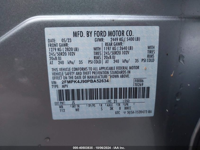 2023 Ford Edge Sel VIN: 2FMPK4J90PBA52634 Lot: 40503835