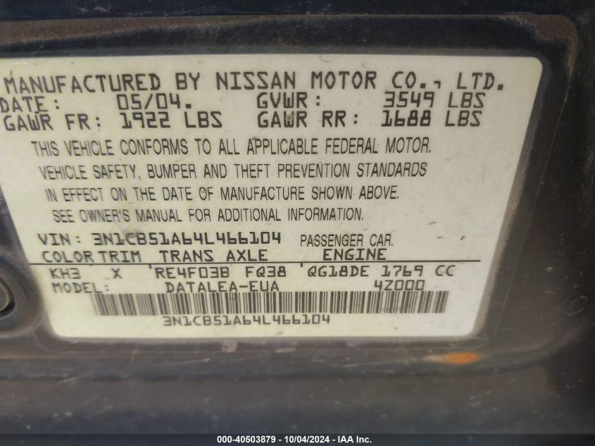 3N1CB51A64L466104 2004 Nissan Sentra 1.8S